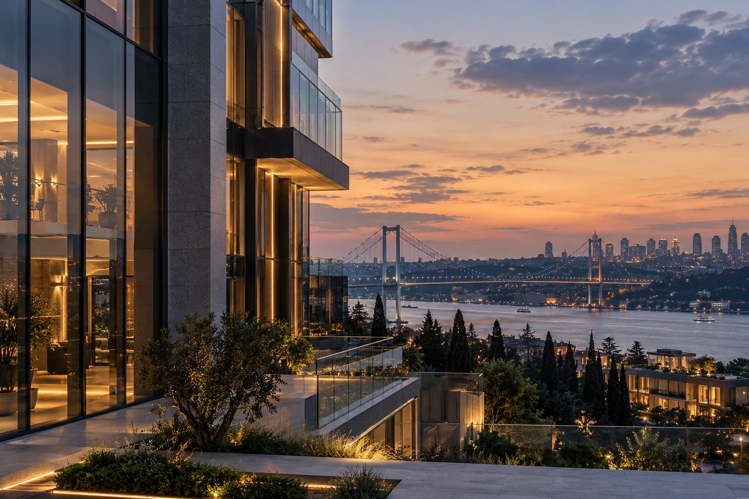 Modern yapı cephesi ve akşam ışığında şehir altyapısı